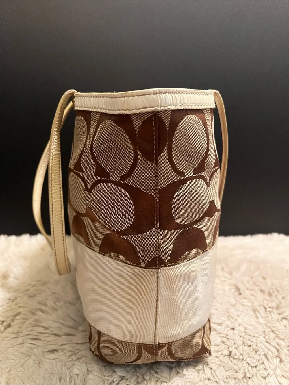 Vintage Coach y2k Two-Tone Signature Stripe Canvas Tote in Brown and Cream